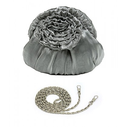 Evening Bag - 12 PCS - Silk-like Flower w/ Metal Chain - Gray - BG-EBS1037GY